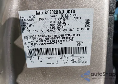 2010 Ford Escape Xlt from USA, damaged, VIN 1FMCU9DG9AKA71194